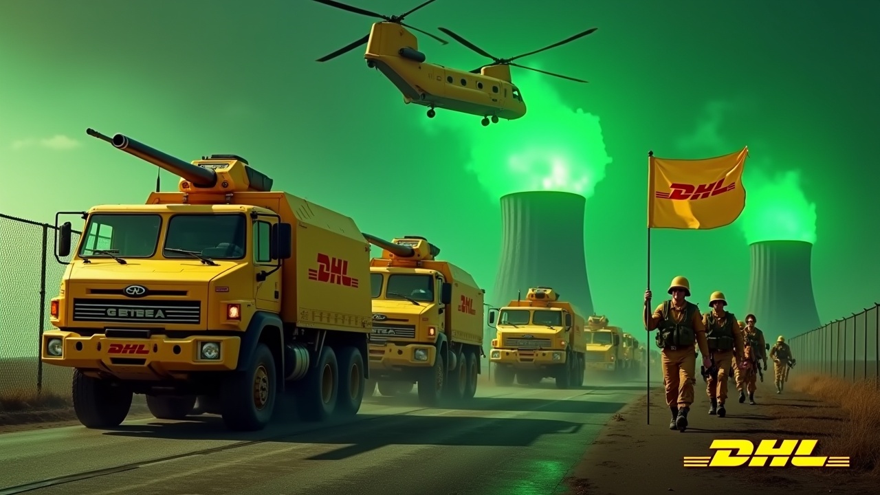 In a dramatic scene, several large yellow armored trucks are driving beside a fence. These trucks have a roof-mounted cannon and prominently display the DHL logo. Nearby, soldiers in yellow uniforms march in unison, carrying rifles. One soldier proudly holds a large flag bearing the DHL logo. In the background, the glowing smokestacks of a nuclear power plant add to the intensity of the scene, set against an evil green sky. Above the convoy flies a yellow Chinook CH-47 helicopter, enhancing the dramatic effect. At the bottom of the image, the DHL logo is displayed in bold yellow text.