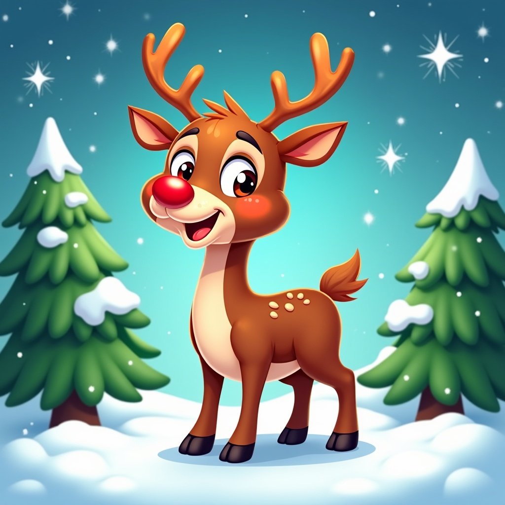 Cheerful cartoon reindeer with a red nose stands in a snowy landscape. Bright stars twinkle in the background. Fluffy green Christmas trees surround the reindeer. Vibrant colors create a festive atmosphere.