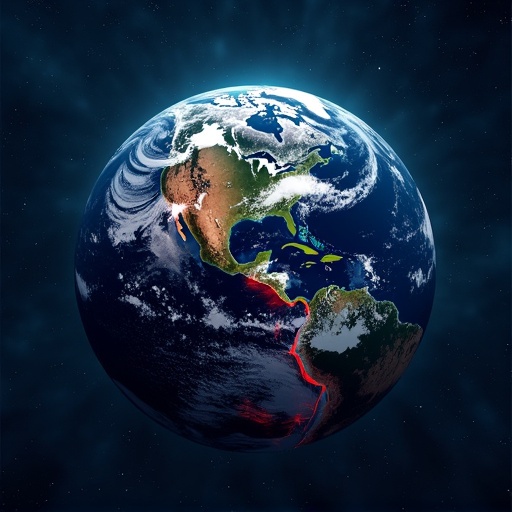 Image depicts Earth from space. Dark blue starry background enhances the view. Globe shows multiple red fault lines. The cracks are visibly highlighted. Features include green land and white clouds. Earth reflects light surrounding it. Overhead perspective emphasizes the globe's curvature.