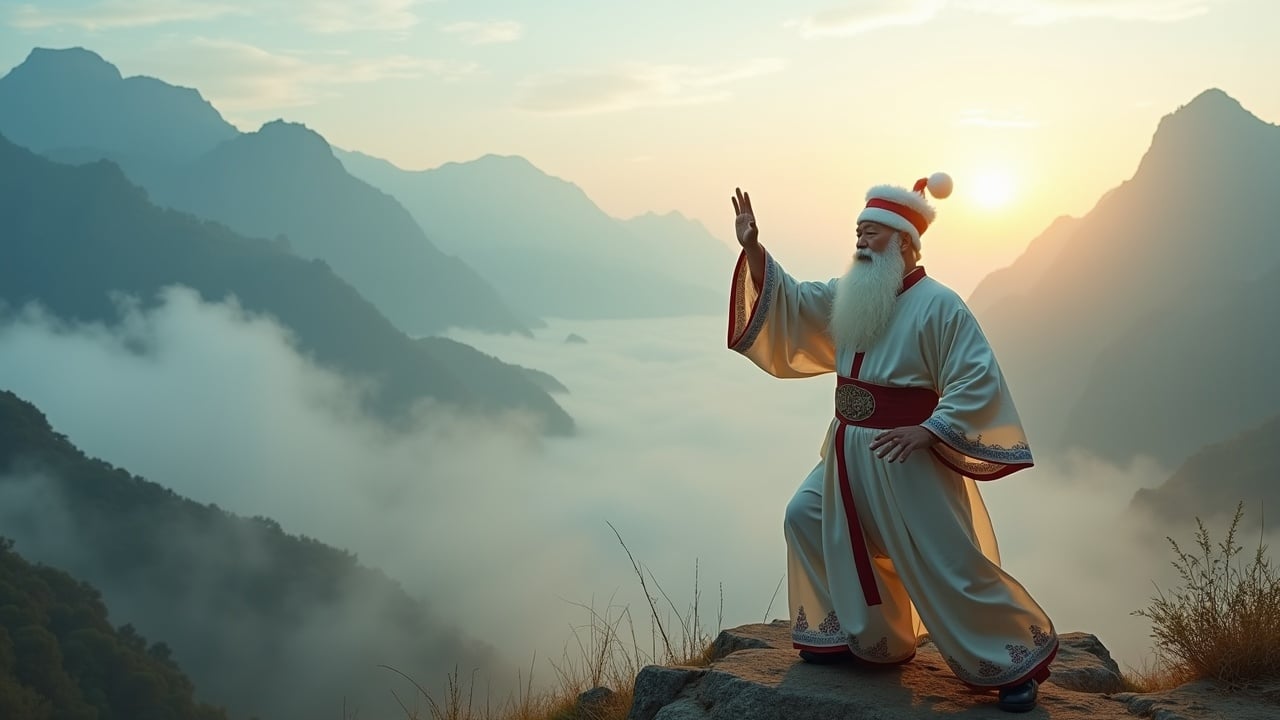 Cinematic image of Santa Claus practicing Tai Chi in a misty mountain landscape at dawn. Santa wears traditional Chinese clothing. Calm and serene environment.