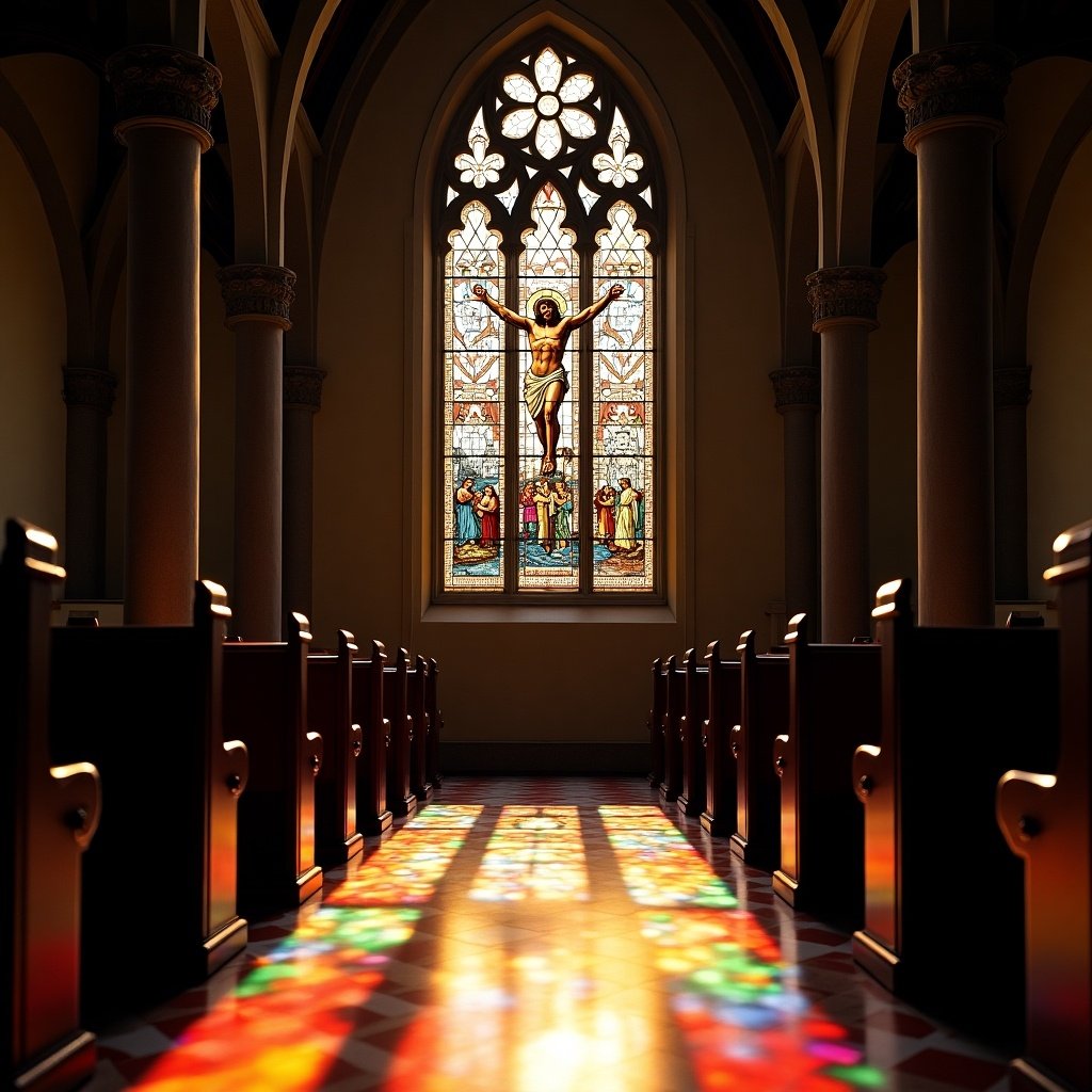 Interior of a church with stained glass window focused on a crucifixion scene. Natural light illuminating the pews and floor.