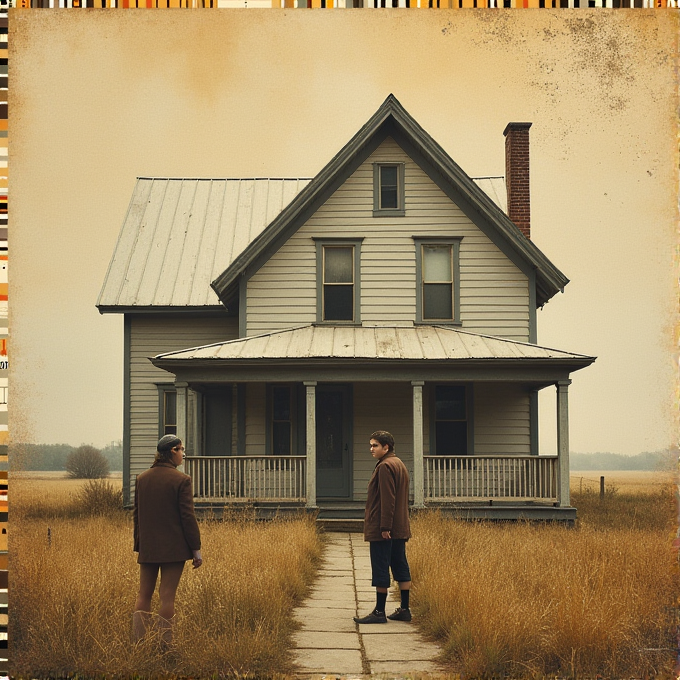 Two people stand on a path leading to an old farmhouse, surrounded by dry grass.