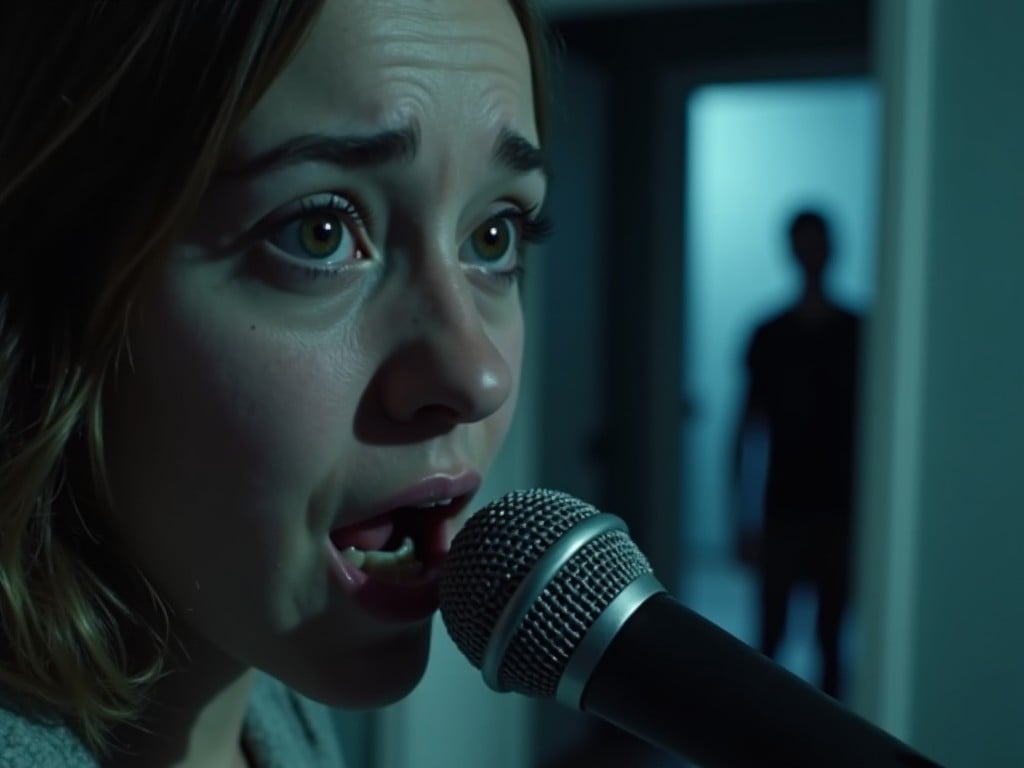 The image shows a close-up of a woman singing passionately into a microphone. Her facial expression conveys deep emotion, with a focus on her eyes that reflect intensity and vulnerability. In the background, a shadowy figure is barely visible, adding a sense of suspense and intrigue. The lighting is dim, predominantly blue, enhancing the dramatic atmosphere. This scene could be from a music video or a horror film, where a performance may be juxtaposed with a lurking threat.