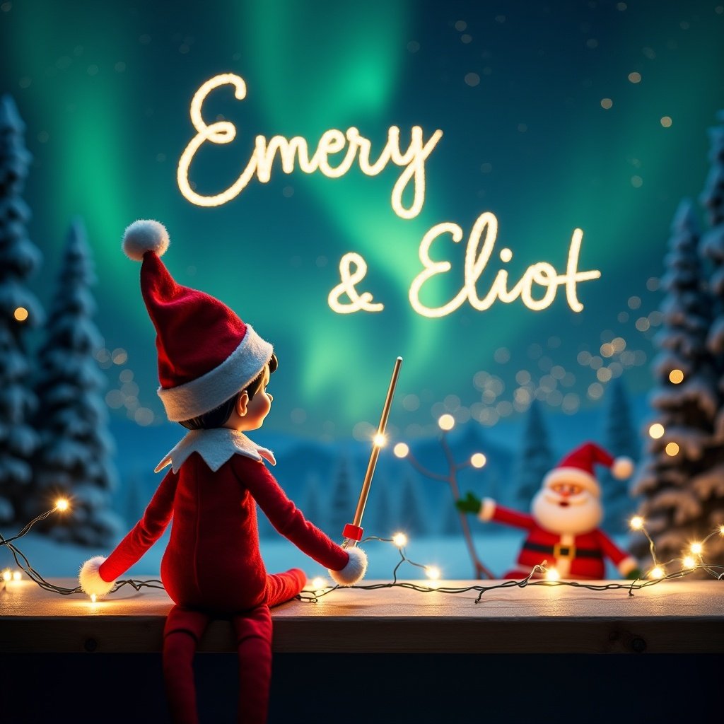 An enchanting scene with an elf on the shelf facing the night sky. Elf uses a wand to write 'Emery & Elliot' in sky. Northern Lights shine in the background. Santa Claus is present. Twinkling string lights surround the elf. Joyful holiday atmosphere.