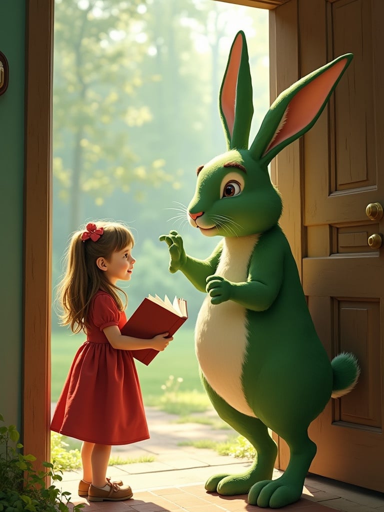 A young girl in a red dress stands in a doorway holding an open book. She looks at a large green rabbit standing on two legs. The scene is filled with warm natural lighting and a whimsical atmosphere.