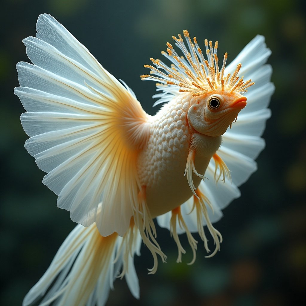 An angel with wings resembling a Siamese fighting fish. The fish has a crown made of delicate fins and vibrant colors. The image captures the fish in a dynamic pose, soaring through a soft-focus aquatic environment.