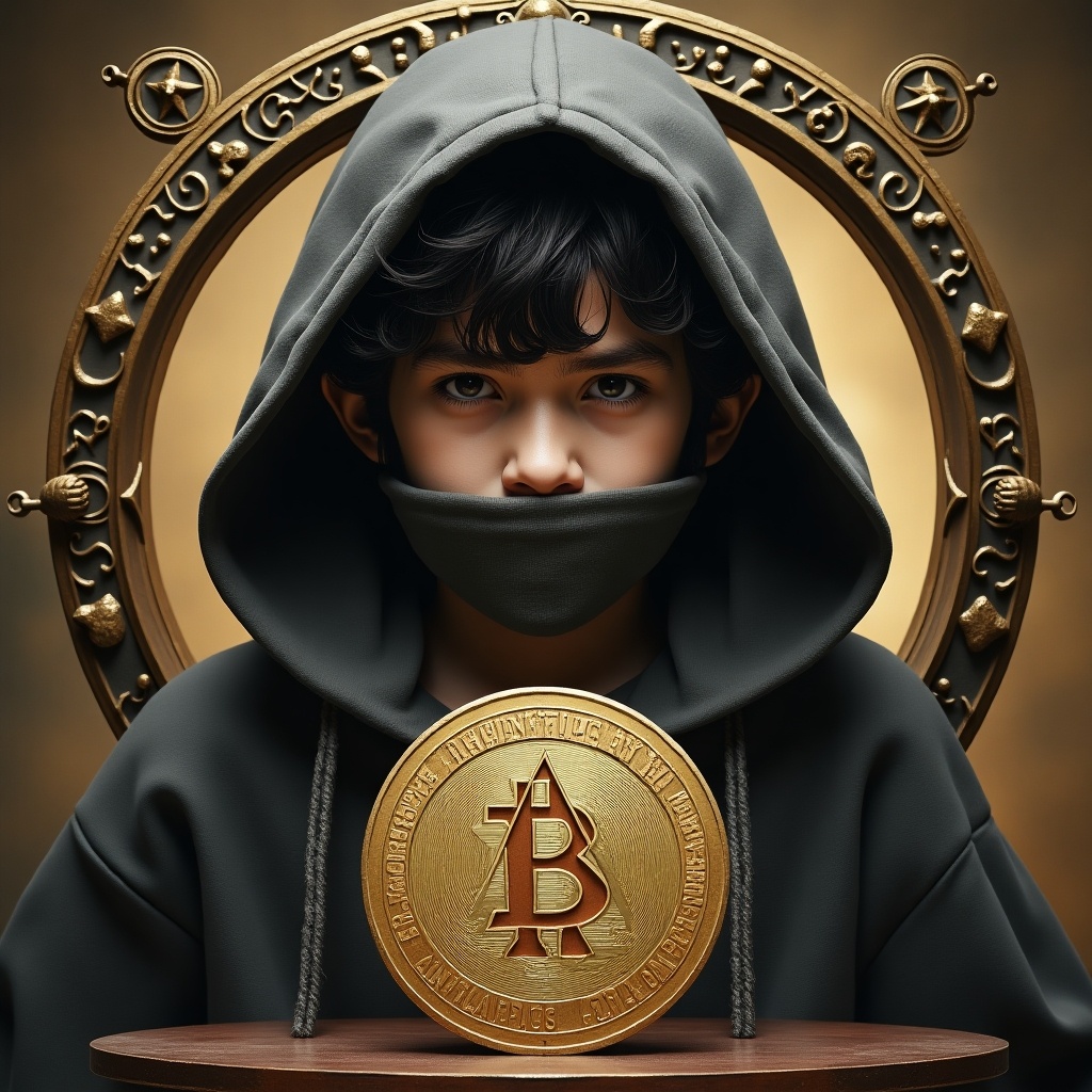 The image features a young boy with dark hair, his mouth covered, dressed in a hooded cloak. He stands behind a circular ornate frame adorned with mystical symbols. In front of him rests a shiny coin, prominently displaying a triangle with a 'B' in the middle, along with the name 'BitNomad' styled artistically. The atmosphere is dramatic, emphasizing both the boy's mysterious demeanor and the significance of cryptocurrency. The color tones are rich, combining golds and deep greens to create a captivating visual.