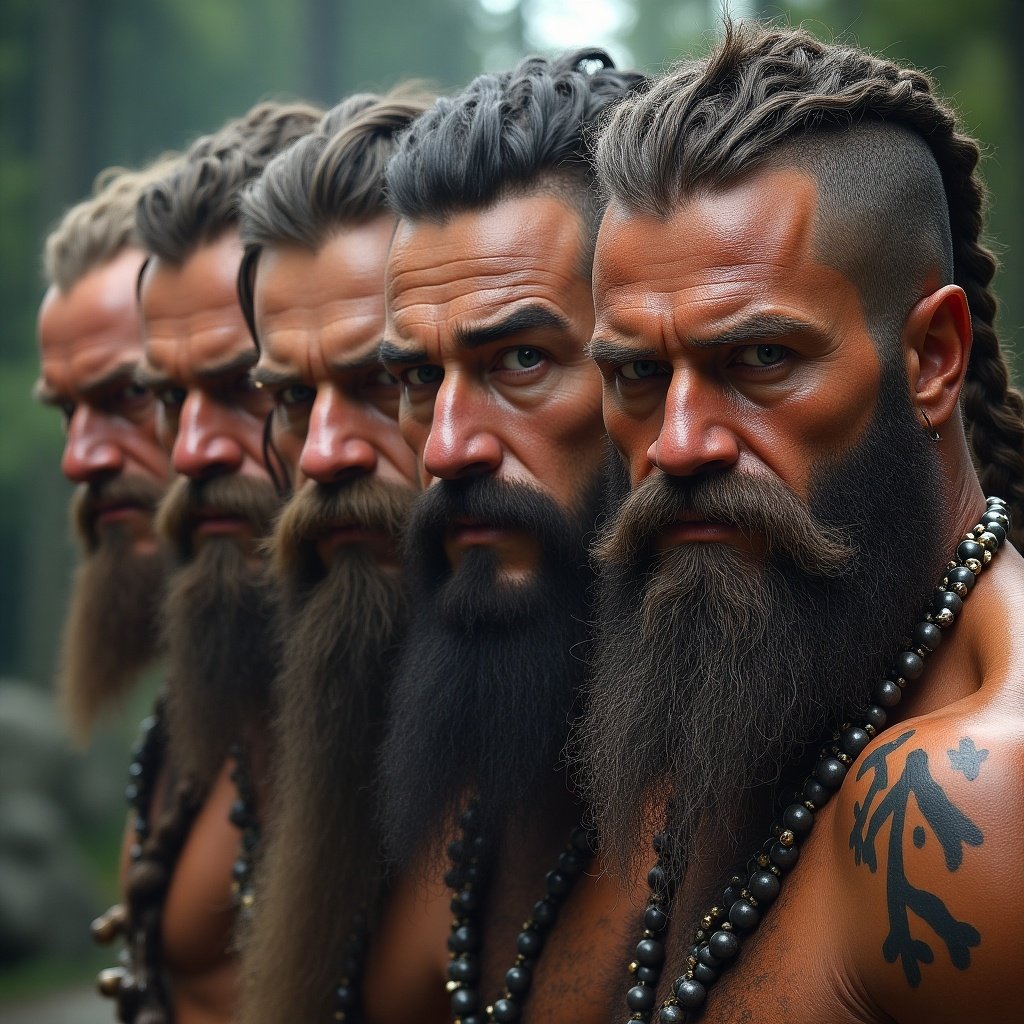 Multiple faces of barbarians, intense expressions, prominently featured beards, shoulder-length hair, wilderness background, showcasing strength and ferocity.