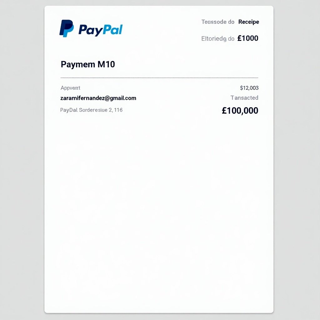 PayPal payment receipt showing transaction for £10000. Document includes PayPal logo, payer details, transaction amount and transaction number. Suitable for online payments.