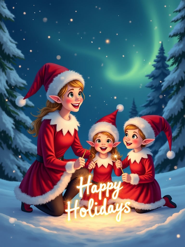 Cheerful lady elf with two little girl elves kneeling in snow. Elves write 'Happy Holidays' with sparkler light. Background features snow-covered trees and hints of northern lights in the night sky. Bright and colorful, whimsical style.