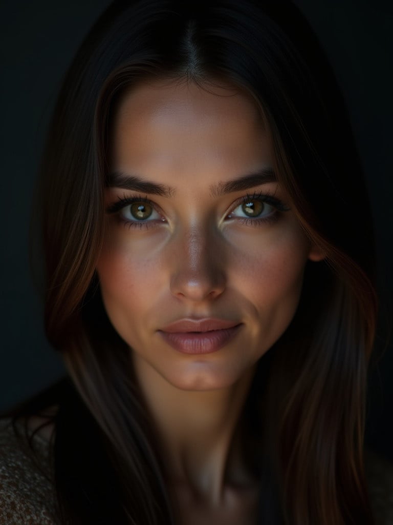 A portrait of a woman with captivating eyes softly lit against a dark background