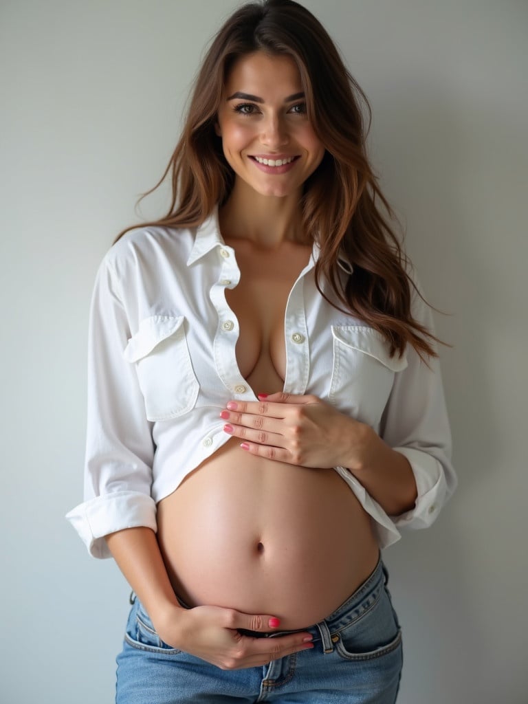 A woman poses holding her belly. She wears an unbuttoned white shirt and jeans. The belly is prominent, showcasing her pregnancy. Natural light illuminates the scene.