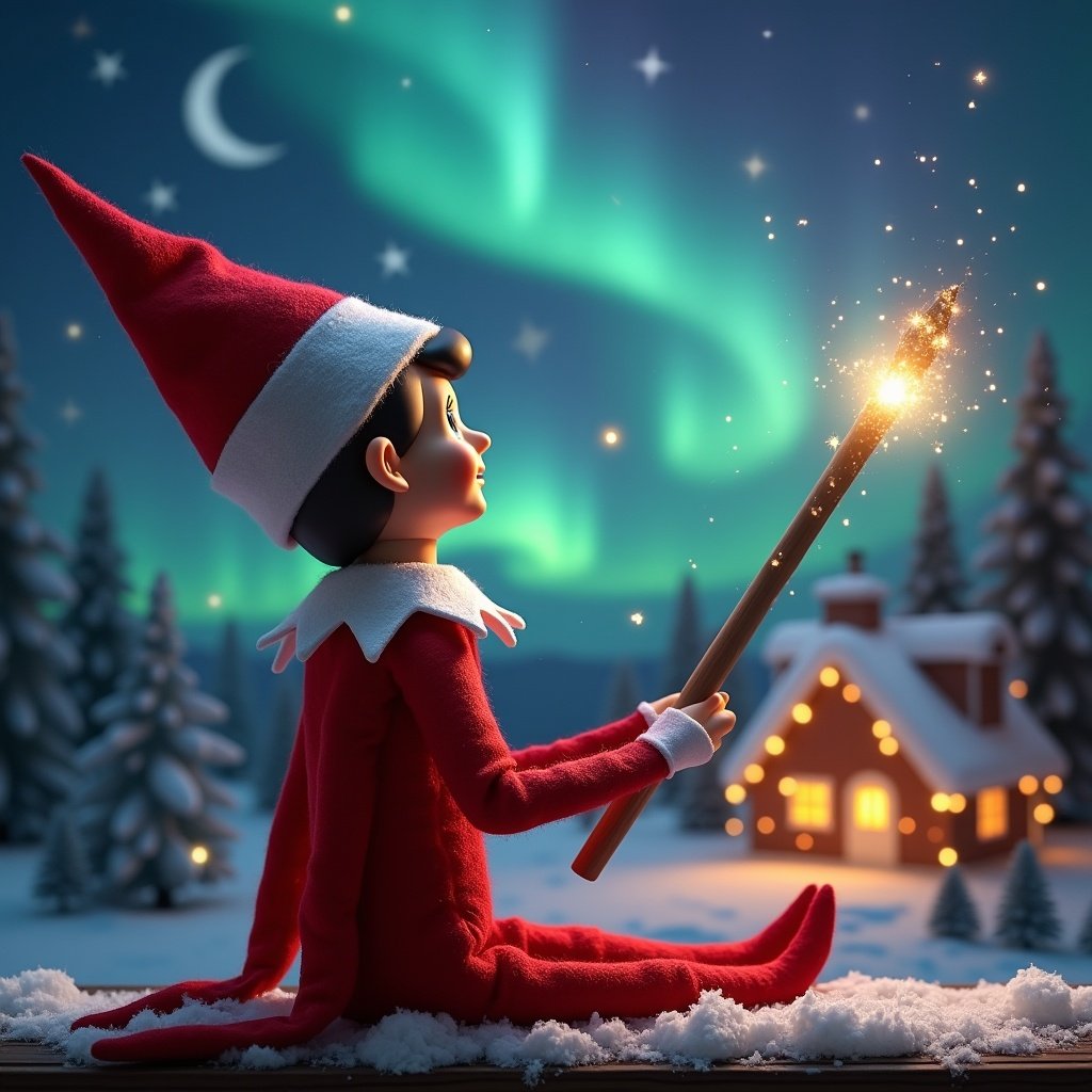 Elf on the shelf gazes at northern lights. Holds glowing wand. Cozy house in background. Snow on the ground. Symbolizes Christmas magic.