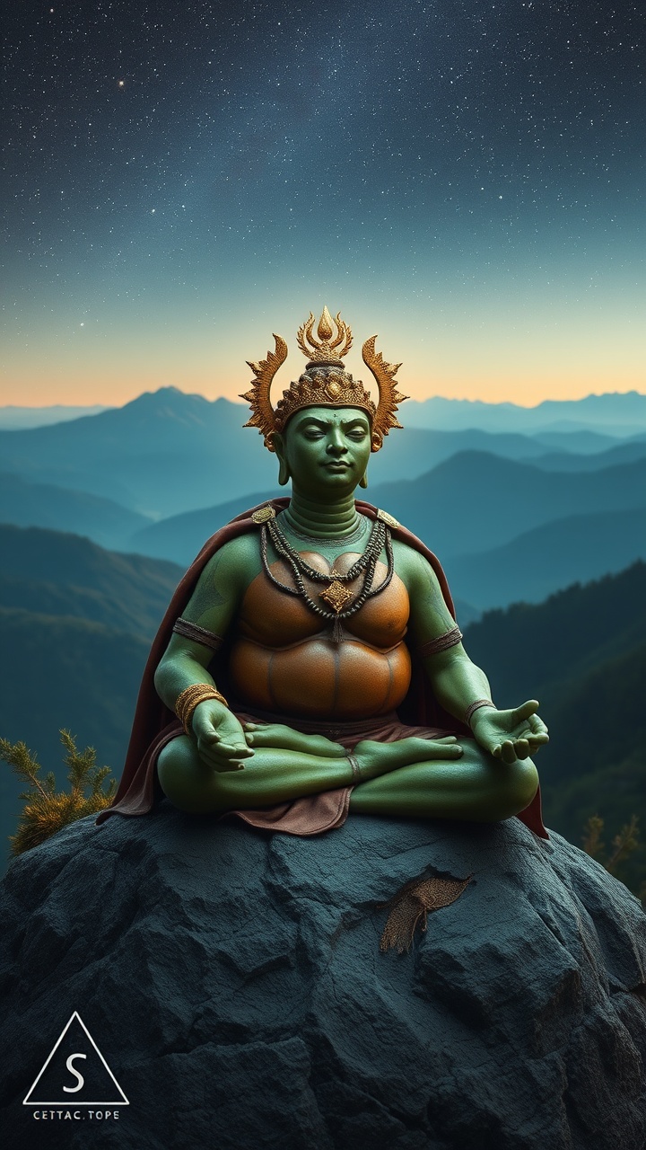 This spiritual artwork depicts a serene figure with a green hue, sitting in a meditative pose atop a mountain. The background features a breathtaking twilight sky with stars, enhancing the mystical ambiance. The figure is adorned with elaborate jewelry and a headpiece, hinting at divine or mythological significance.