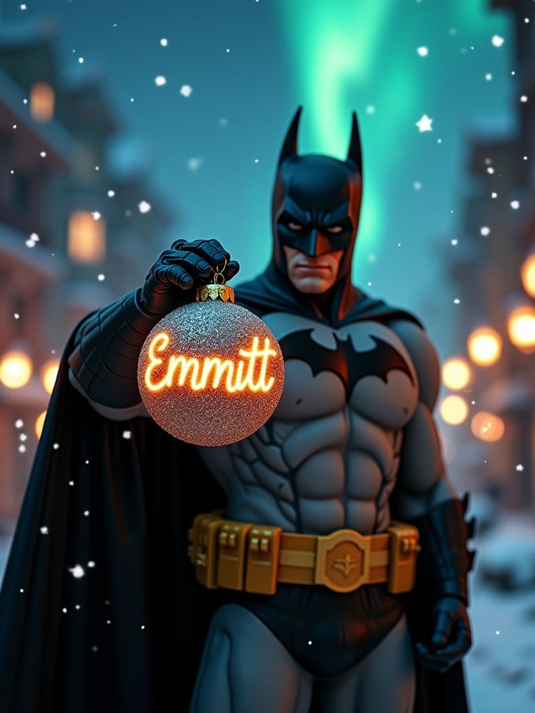 Enchanting Christmas scene includes Batman holding a magic ornament. Ornament features name Emmitt in glowing script. Vibrant northern lights create a magical ambiance. Scene portrays festive spirit with a whimsical twist known to superheroes.