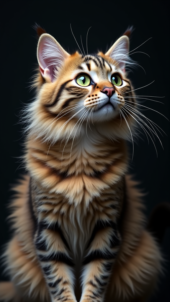 A realistic portrait of a fluffy cat with striking green eyes and detailed fur patterns on a dark background.