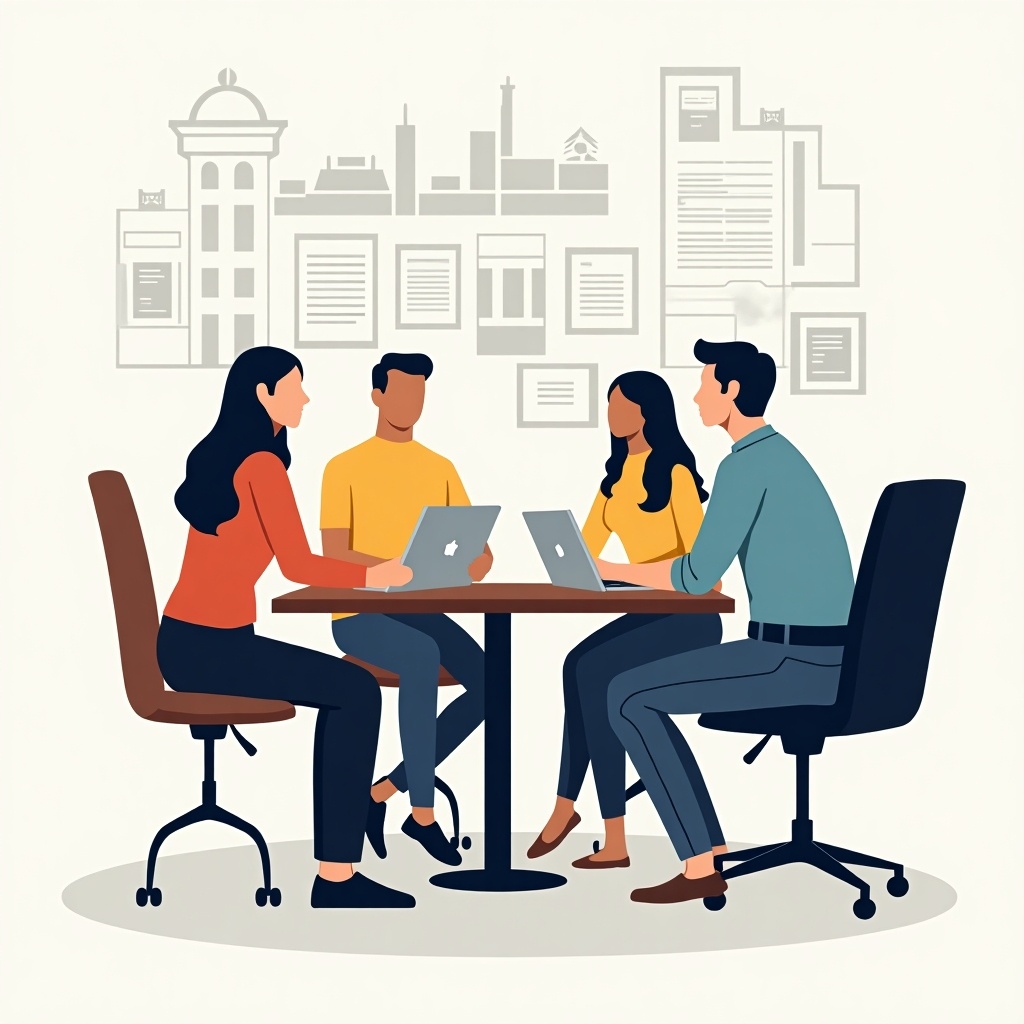 Vector image depicting a diverse group of four people engaged in collaborative learning around a table with laptops.