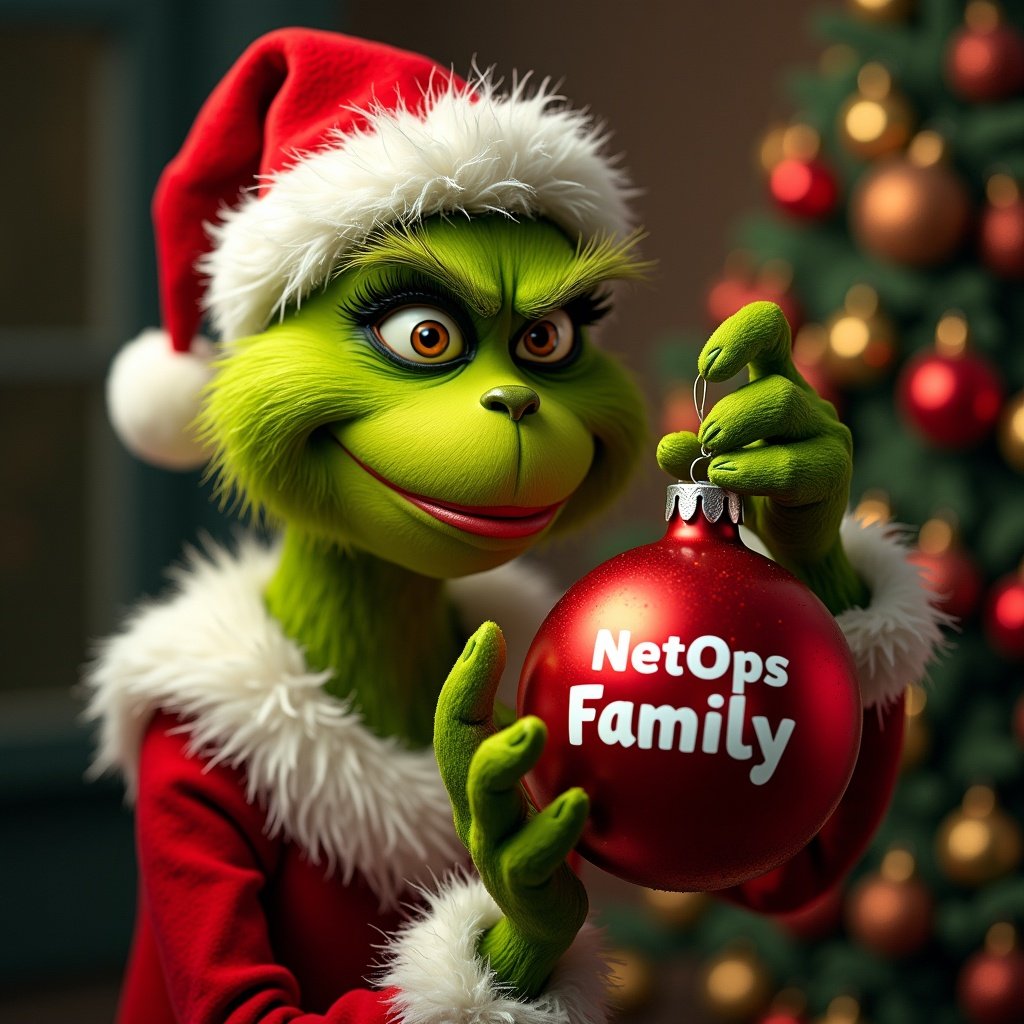 The Grinch holds a red ornament. The ornament has the text NetOps Family. A Christmas tree is in the background. The Grinch wears a Santa outfit.