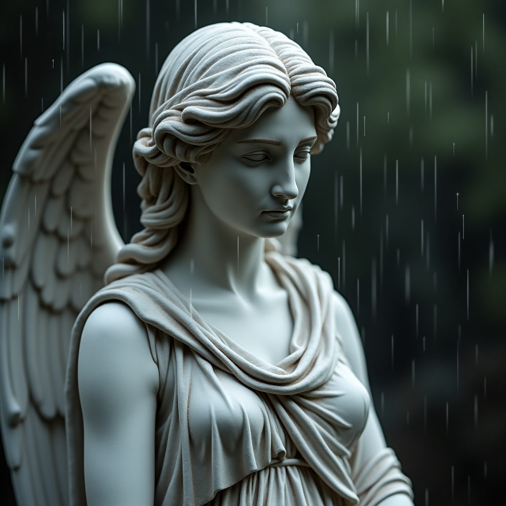 Neoclassical sculpture of a female angel. Serene expression. Statue outdoors in the rain. Somber atmosphere. Dominant grey color palette with hints of white and black. Represents ancient Greek sculptures.