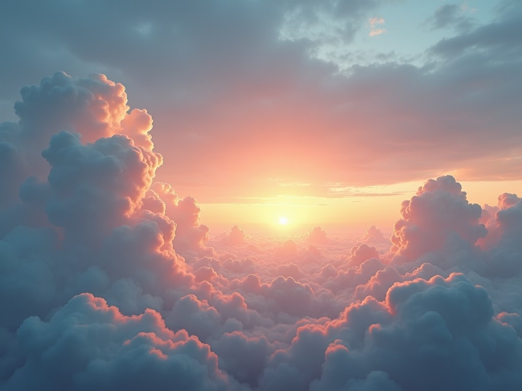 The image depicts a breathtaking view of a cloudy sky at sunrise. Soft, fluffy clouds are scattered across the horizon, tinted with hues of pink and orange. The sun peeks above the clouds, illuminating the scene with a warm glow. The overall atmosphere conveys a sense of peace and tranquility. This stunning landscape captures the beauty of nature.