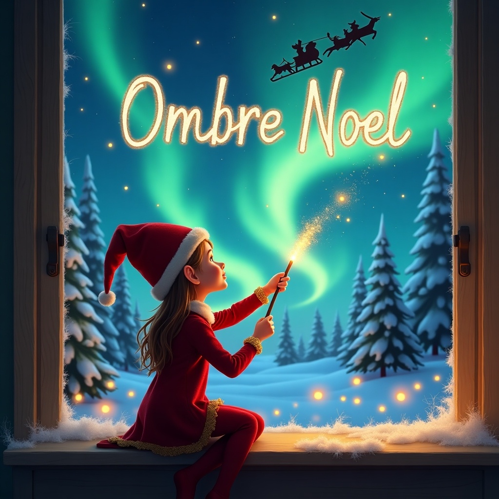 A whimsical depiction of a girl elf on the shelf with her back to the viewer, elegantly using a magic wand to write 'Ombre Noel' in the sky. The background features a captivating northern lights display, creating a magical Christmas atmosphere. In the air, she also forms the name 'Areoni' as sparkling letters. The scene is set in a winter wonderland, surrounded by evergreen trees and soft snow. The elf's red outfit and playful demeanor enhance the festive spirit of the image.