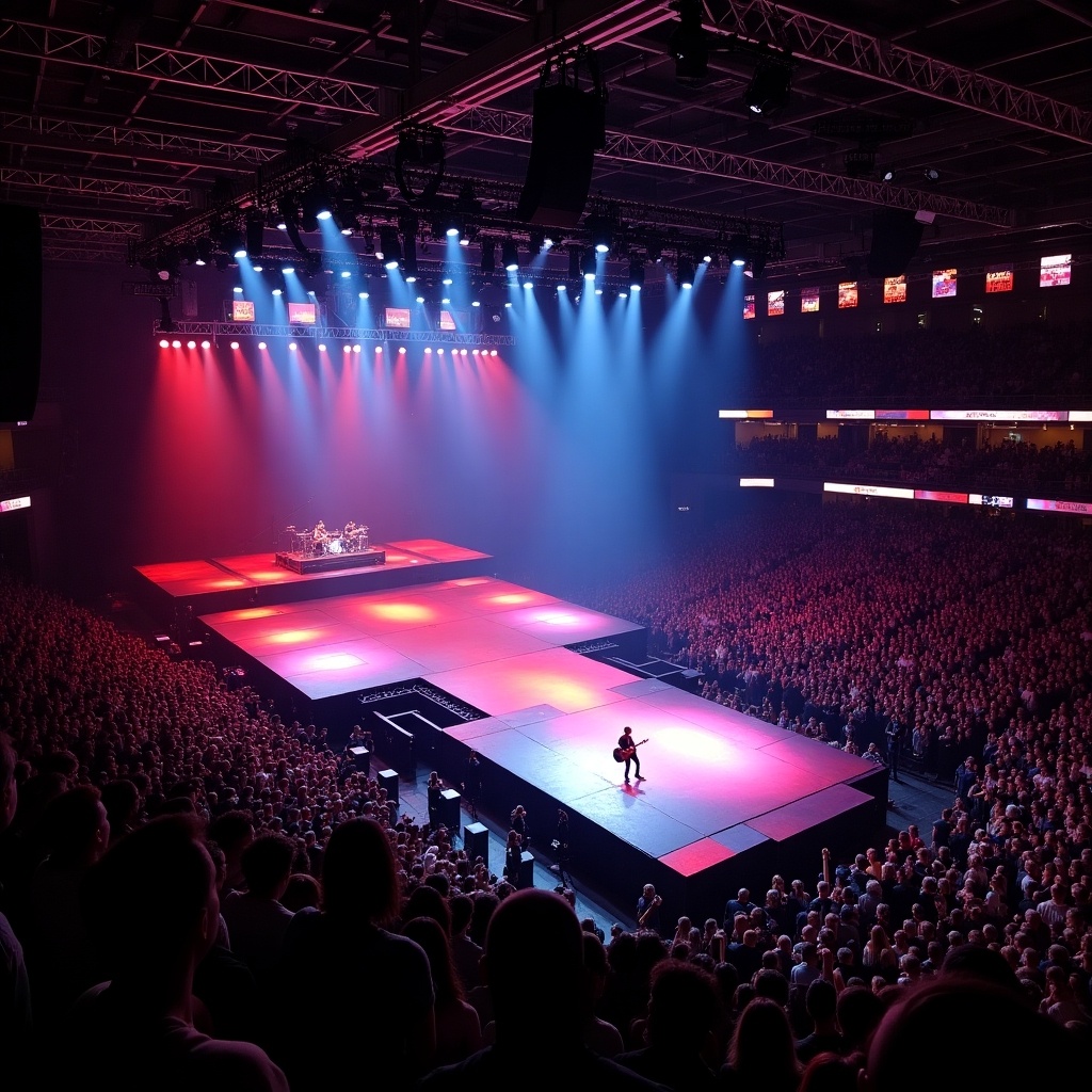 This image captures a dramatic view of a Roddy Rich concert at Madison Square Garden. It features a large stage with an impressive T-shaped runway extending out towards the audience. The lighting is vibrant, with shades of red and blue illuminating the stage area, creating an energetic atmosphere. The crowd is densely packed, emphasizing the popularity of the artist. The perspective from above gives a unique insight into the scale of the event and the excitement of the concert-goers.