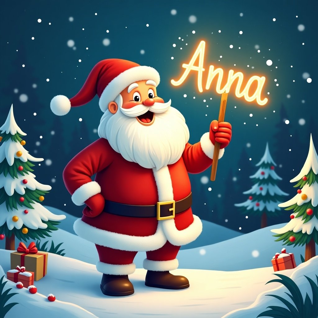 A cheerful Santa Claus stands in a snowy landscape. Santa presents a glowing stick. The glowing stick writes the name Anna. He wears a traditional red and white outfit. Santa has a jolly smile. Snow-covered trees surround him. Colorful decorations are visible. The warm glow creates a magical atmosphere. The image captures the spirit of generosity and joy during Christmas.