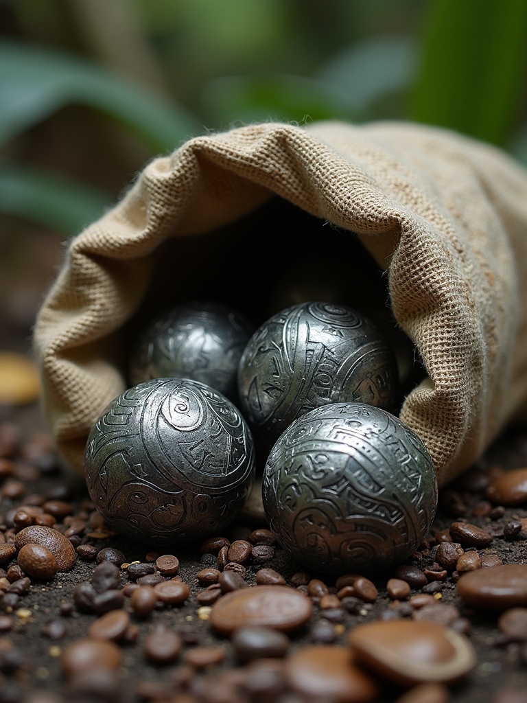 Hyper-realistic marbles made of oxidized sterling silver. Etched Polynesian tribal tattoo patterns. Spilling from a worn sack made of light brown patchwork canvas. Scene on the forest floor of the Amazon jungle.