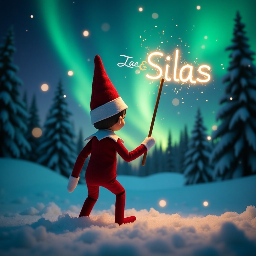 An elf on the shelf gazes skyward. It holds a sparkling wand. The background features Christmas scene with northern lights. Snow covers the ground. The elf embodies Christmas magic. The name 'Jace & Silas' is written in the air.