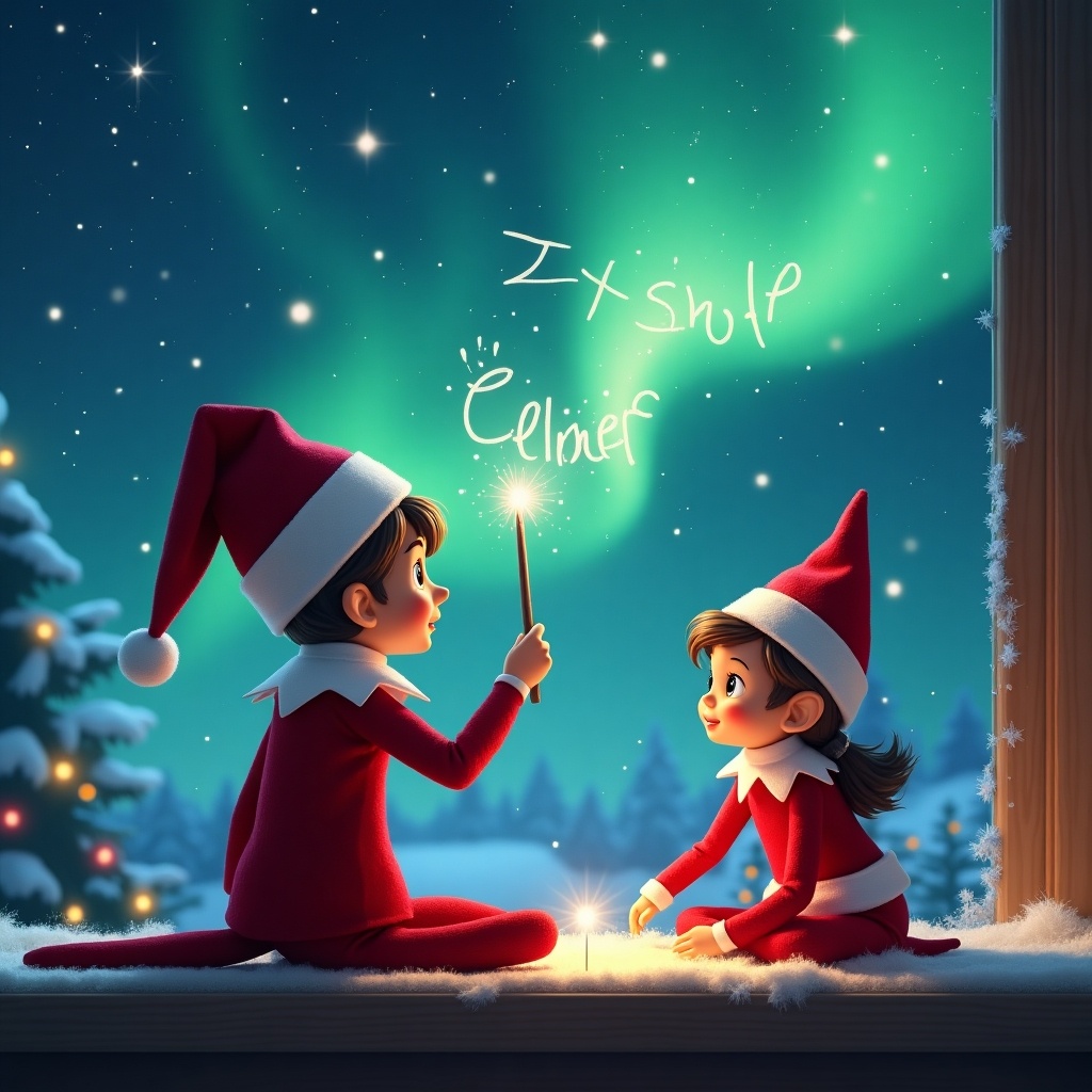 A winter scene featuring two elves, one boy and one girl, celebrating Christmas. The boy elf is turned away from the viewer, while the girl elf faces the sky, both wearing festive red outfits. They are using a magical wand to write the names Jaxson and Makaleigh in the sky. The backdrop is filled with enchanting northern lights and a cozy snowy cabin, creating a whimsical holiday atmosphere. Snow gently rests on the windowsill as they engage in this special act, embodying the spirit of Christmas.