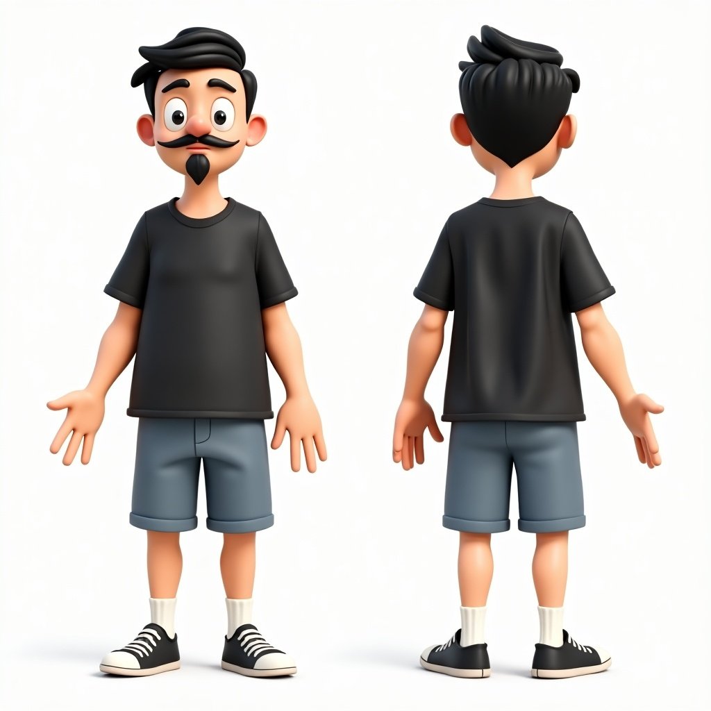 Male cartoon character with open arms in T-pose. Front and side views. Short black hair, receding hairline. Round face, long goatee. Wears baggy black t-shirt and grey blue board shorts. Short white socks and tennis shoes. Represents mid 30s. 3D animation style.