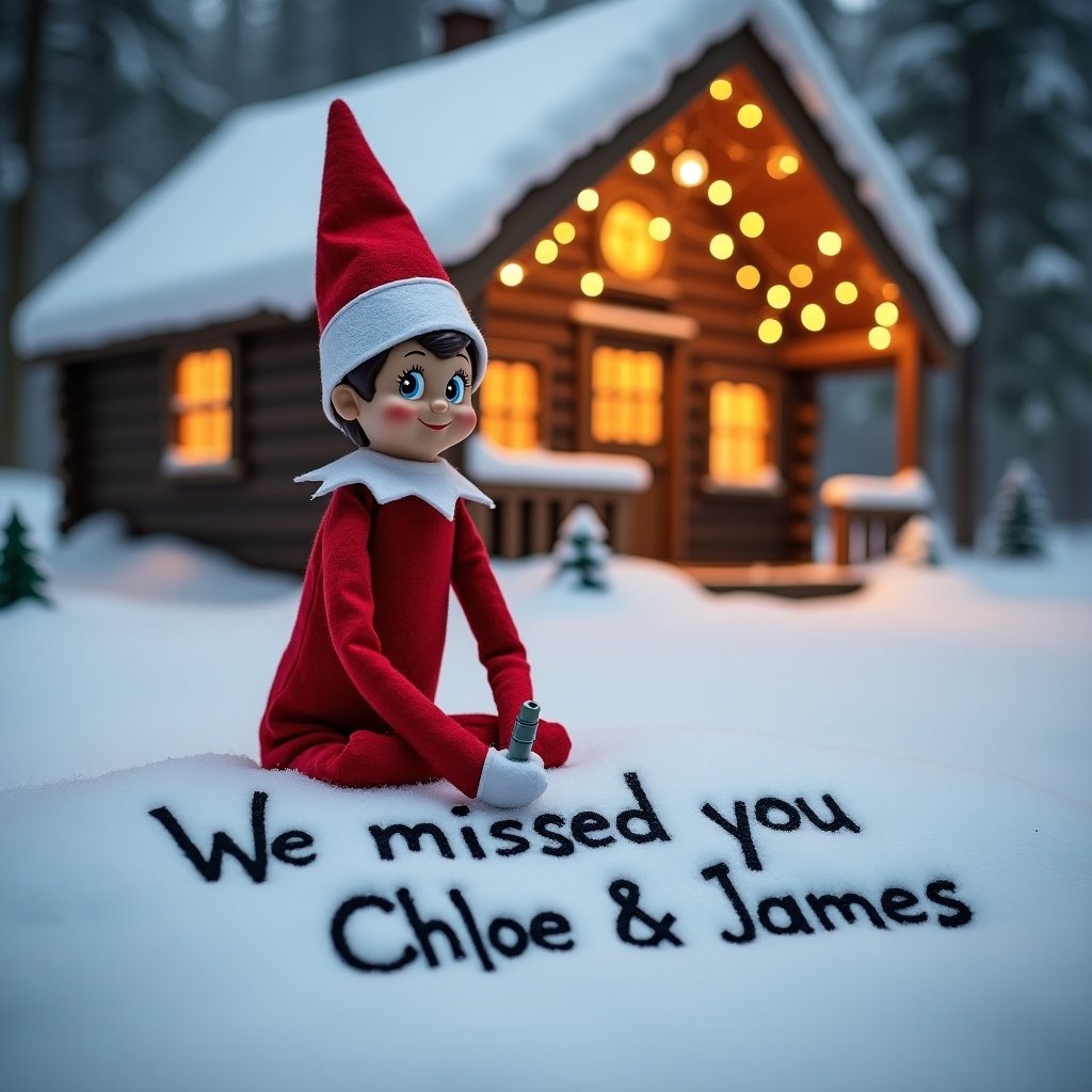 Image features an elf in a red outfit writing in snow. Message in the snow says 'We missed you Chloe & James'. Background includes a cozy cabin with lights. Scene captures holiday magic and charm.