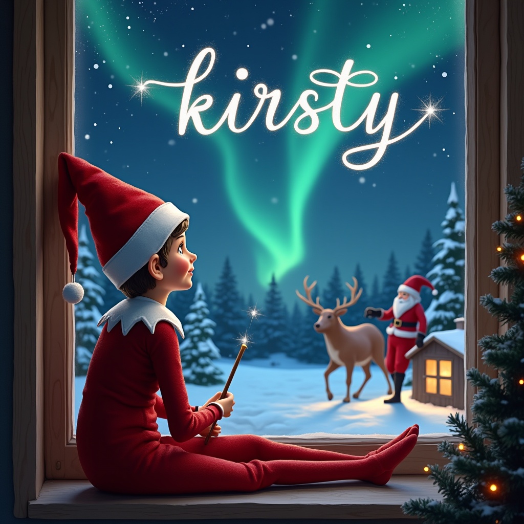 Elf in red and white sitting by a window. Elf turning back, using magical wand to write in the night sky. Magical Christmas backdrop with northern lights and Santa in the distance. Name kirsty appears in the air.