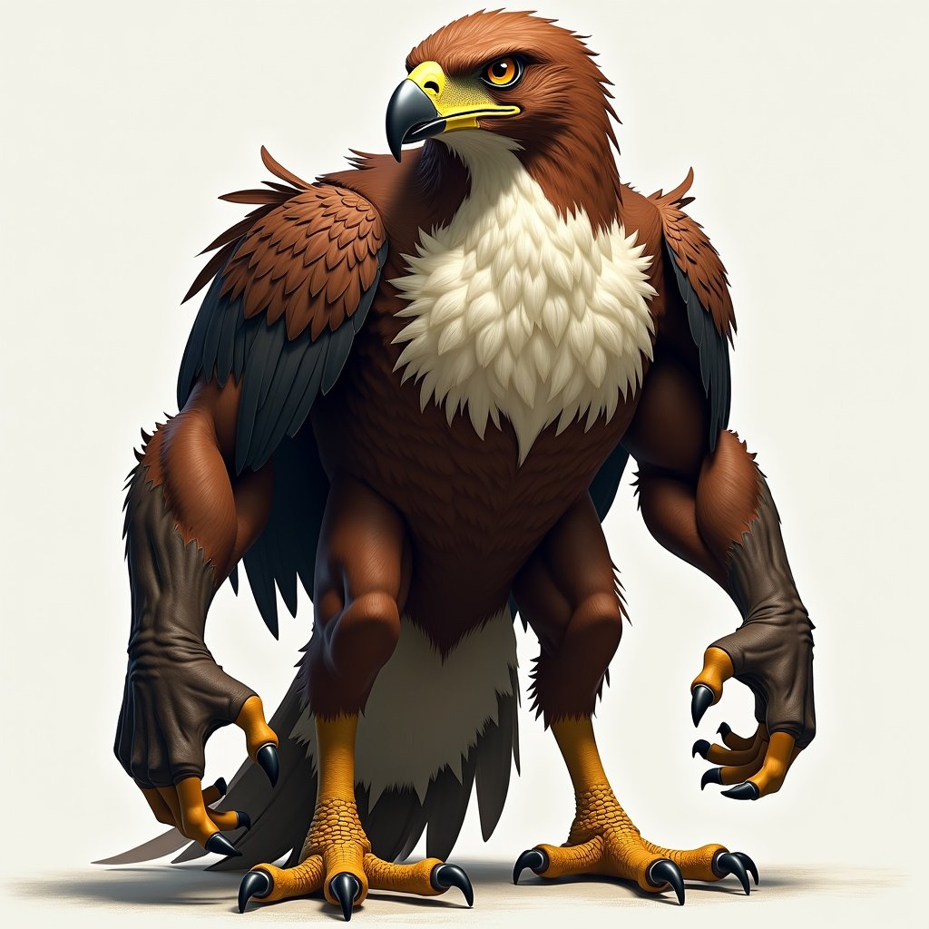 Imagine a hawk with a muscular appearance. Sharp piercing eyes reflect intelligence. The creature stands upright with elegant and powerful posture. Feathers cascade down arms transforming into talon-like hands. Chest has a mix of feathers and skin for strength. Face combines a hawk's beak with human-like eyes.