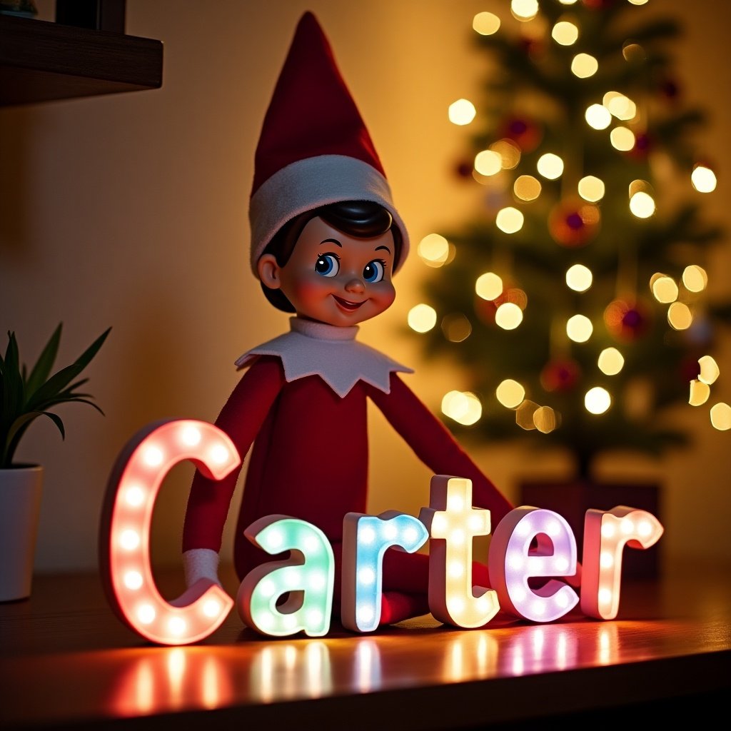 This image features a cheerful elf on the shelf in a vibrant Christmas scene. The elf is dressed in a classic festive red and white outfit, exuding joy. It is creatively arranging the name 'Carter' using colorful lit letters, embodying the spirit of personalization for the holiday. Behind the elf, a beautifully decorated Christmas tree adds to the joyous atmosphere, enhanced by twinkling lights. The warm tone of the image captures the essence of Christmas magic, making it perfect for family celebrations and gift ideas.