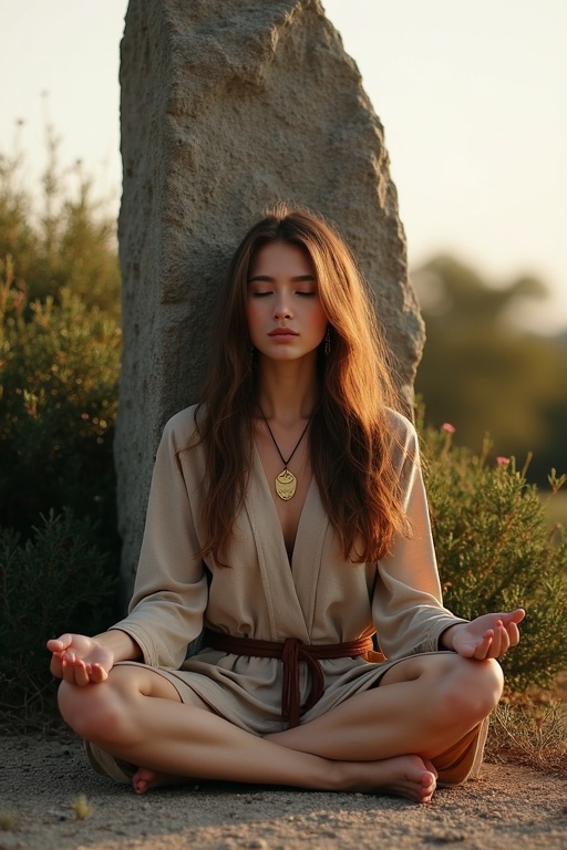 A young woman with long brown hair sits cross-legged against a granite menhir. She wears a natural-colored robe and leather belt. A golden medallion hangs on her neck. She meditates peacefully. The menhir towers above her. Evening light sets a calm mood. Dense shrubs surround the stone. The ground is rocky with sparse wild herbs.