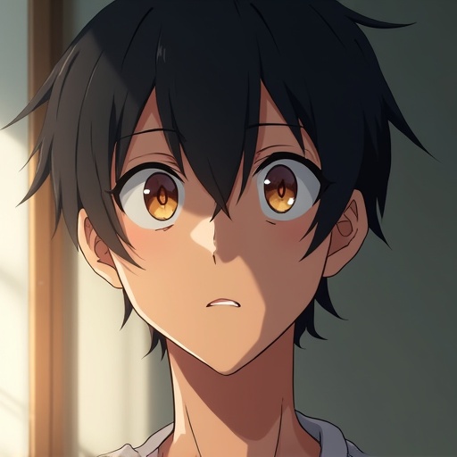 Anime format image features a man with a tense expression. He gazes directly at the camera. His eyes reflect his younger self who appears innocent and happy. Light casts a shadow across his face.