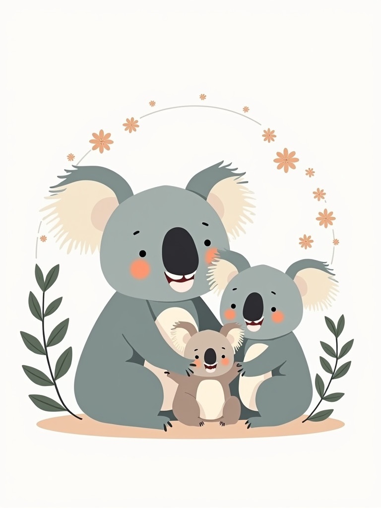 A vector-style illustration features a koala family consisting of a mother; a father; a son; and a little daughter. They celebrate Eid Mubarak together. A white background enhances the aesthetic. Surrounding them are decorative eucalyptus leaves.