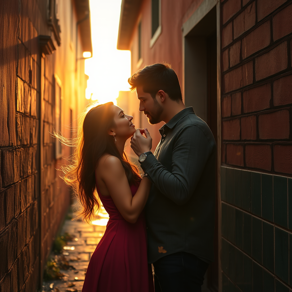 A couple shares an intimate moment in a narrow, sunlit alley, with the setting sun casting a warm glow.