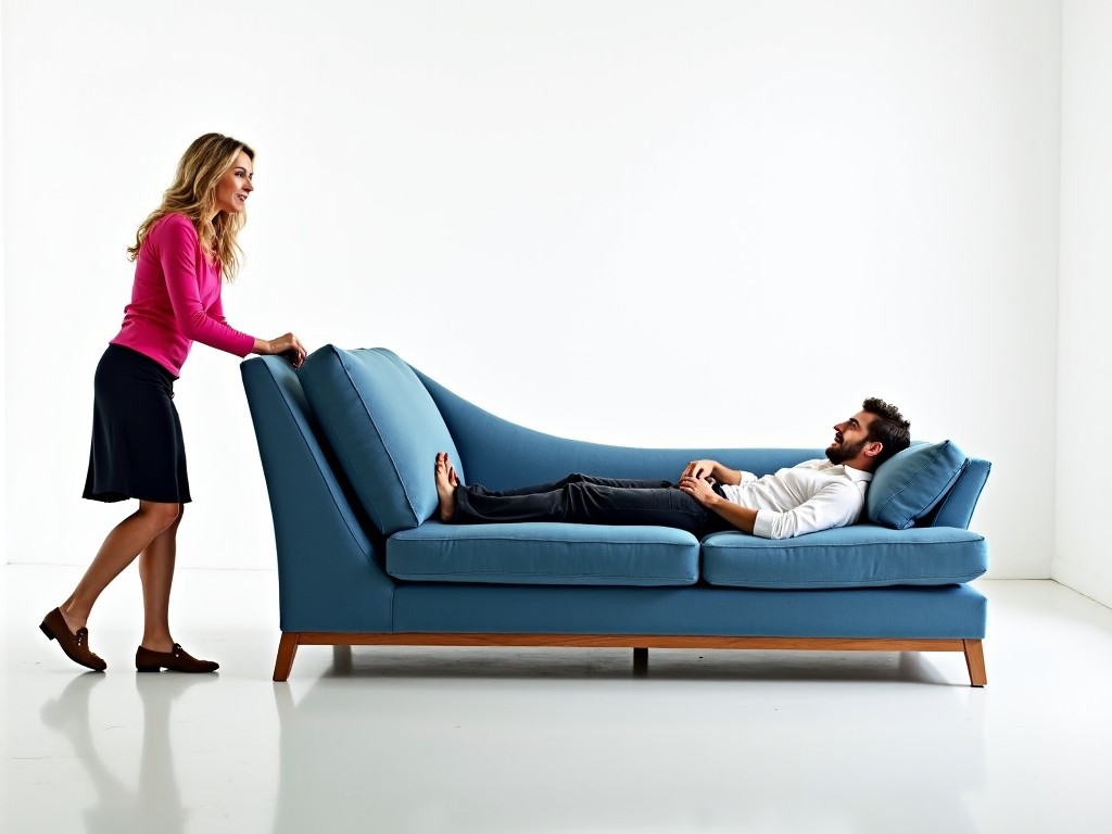 A woman stands in a minimalist room, holding the handle of a large, comfortable sofa. The sofa is being pulled effortlessly across the smooth floor. Lying on the sofa is a man with a surprised expression, seemingly bewildered by the movement. The woman, dressed in a stylish pink top and dark skirt, appears unfazed and determined. The setting is simple with a plain white backdrop, emphasizing the action. The sofa is covered with a soft, blue fabric that looks inviting and plush. The scene suggests a playful or humorous situation between the two individuals. The woman seems to be in control, while the man’s surprise adds an element of comedy. The lighting is bright, creating a clear and vivid portrayal of the moment.