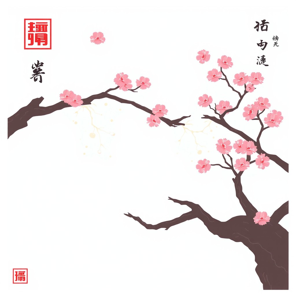 A minimalist illustration of cherry blossoms on branches against a plain backdrop, with delicate Asian calligraphy.