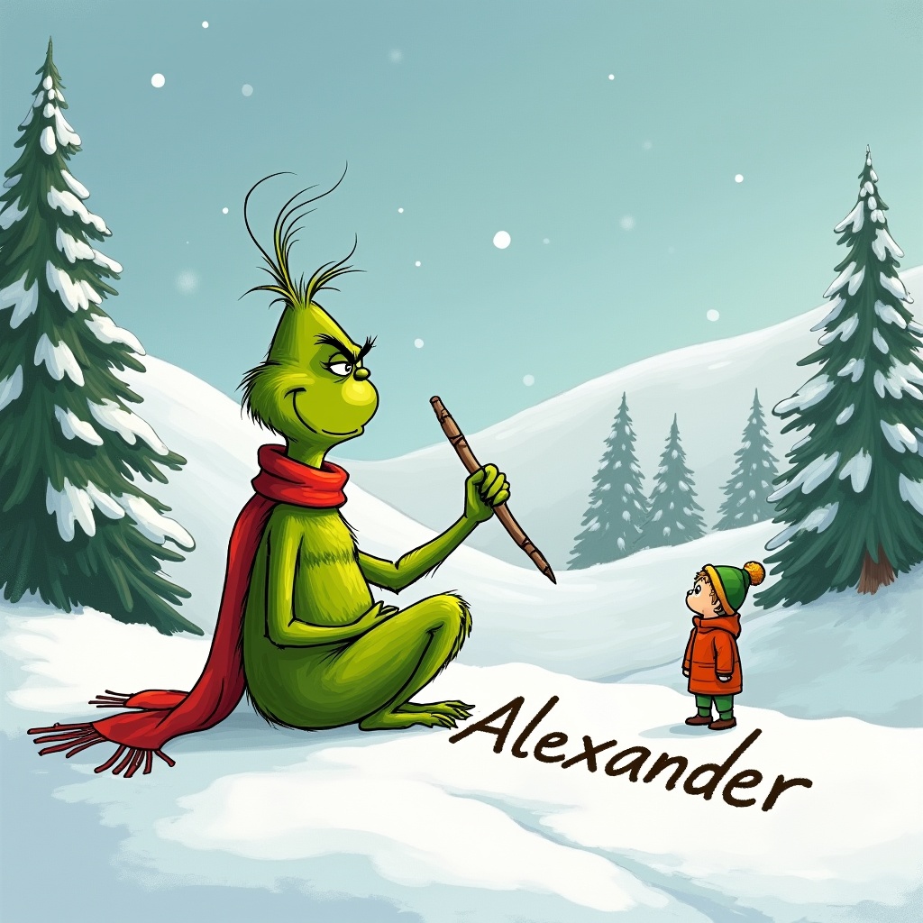 The Grinch sits in the snow. He writes 'Alexander' with a stick. A small character watches him. Snow covers the hills. Evergreen trees surround them. The Grinch wears a red scarf. He is green.