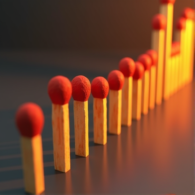 A row of upright matches with red tips in warm lighting, casting shadows on a dark surface.