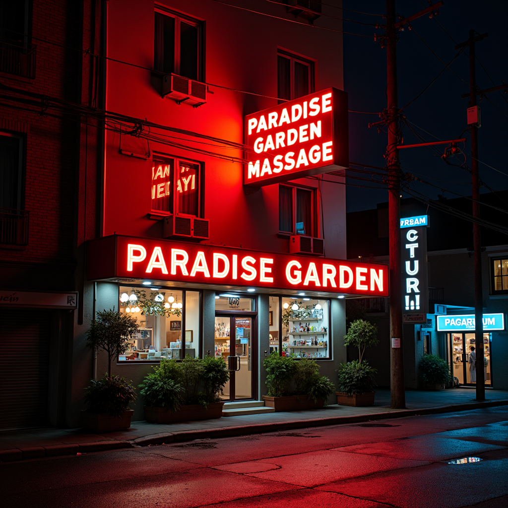 A vibrant neon-lit massage parlor at night with contrasting red and blue signs.