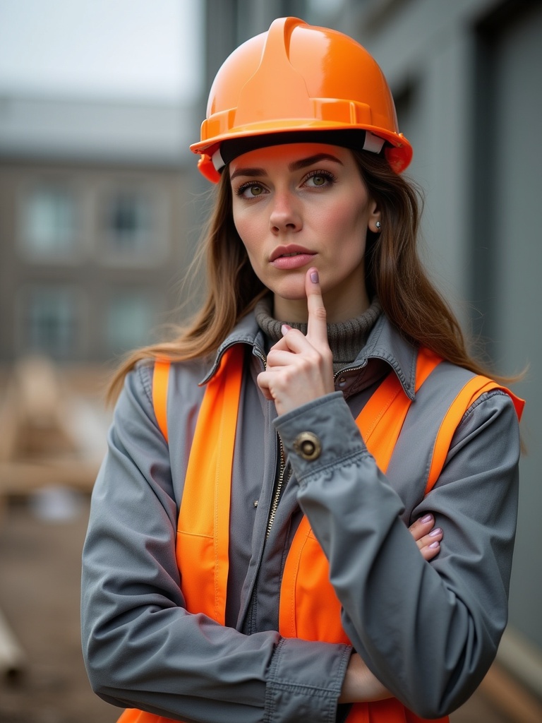 A woman worker in the construction sector dressed in an orange helmet and gray vest with a thoughtful expression. She stands with arms crossed while posing with a finger to her lips. The background shows a construction site environment.