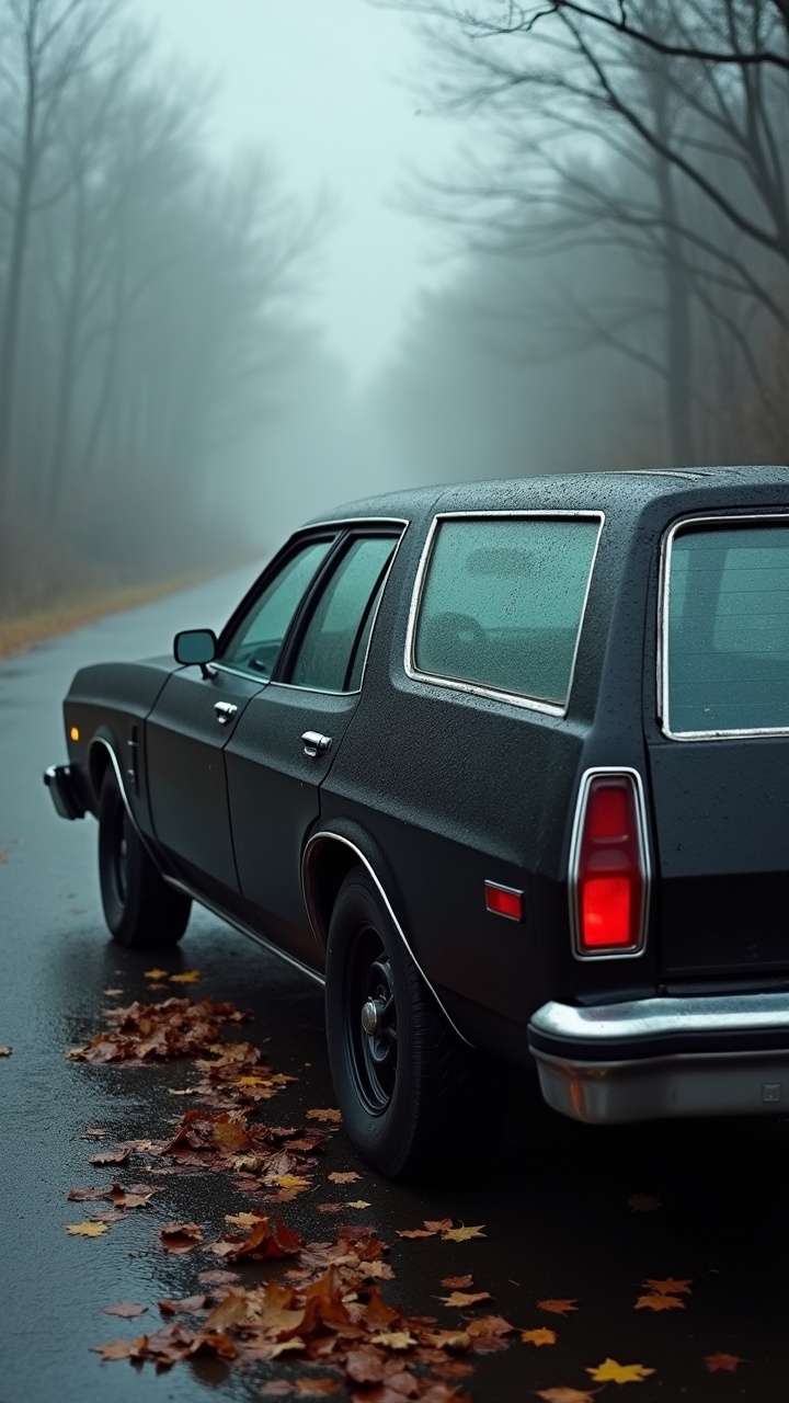 An old worn out matte black Ford Gran Torino wagon from 1975 is parked on a deserted road in a dense, dark foggy forest. The fall season is evident with colorful leaves scattered on the wet asphalt. Rain creates a reflective sheen on the car's surface, adding to the moody, atmospheric setting. The car stands with a rugged charm, evoking nostalgia for classic automotive design. This side view shot captures both the vehicle and the haunting beauty of the fog-covered environment.