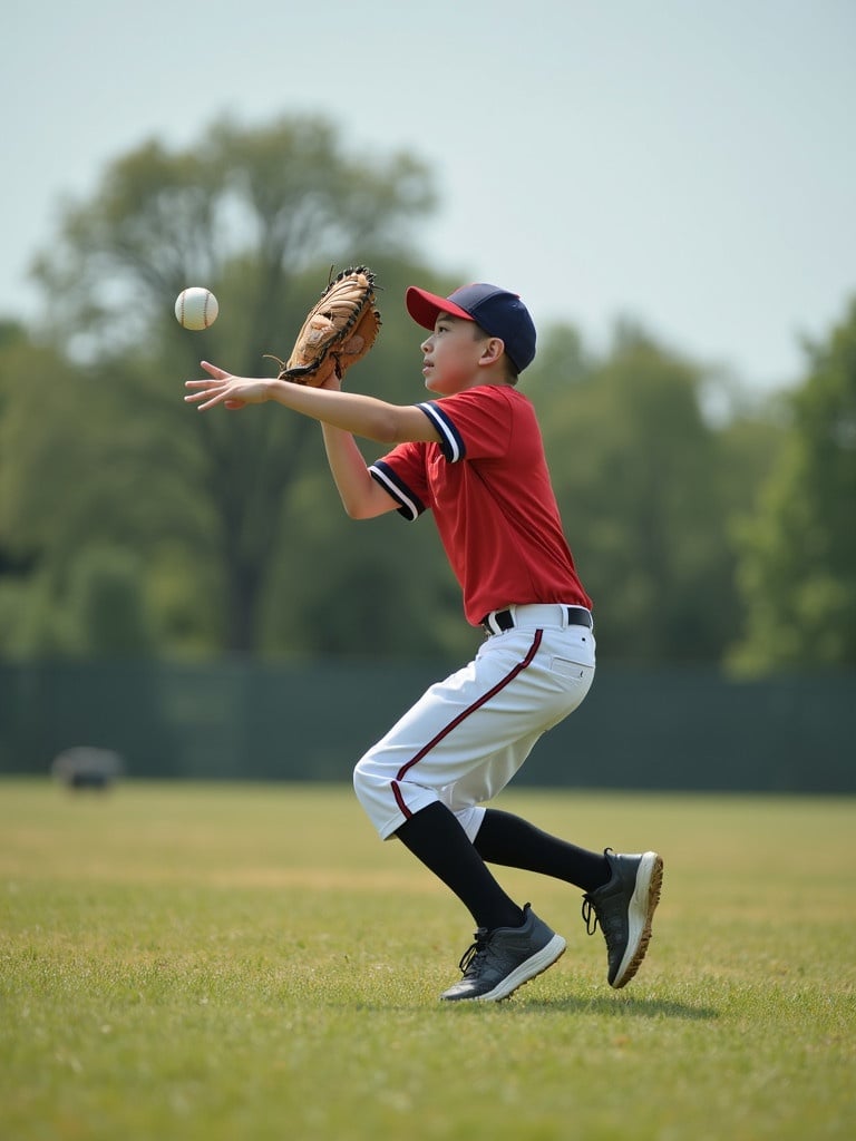 Teen boy catching a baseball in the outfield while wearing a baseball mitt. Sporty attire includes red shirt and white pants with black socks. Natural setting features grassy field and trees in the background.