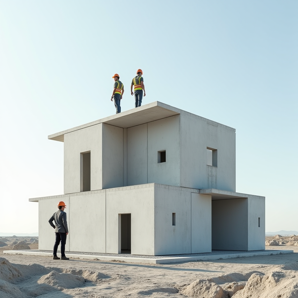 Three construction workers wearing safety helmets stand on and around a minimalist concrete structure in a barren desert landscape.