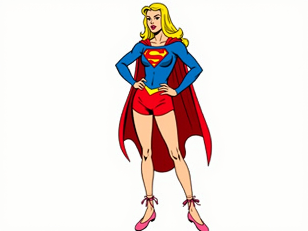 The image depicts a fictional female character in a superhero costume. She has long blonde hair and is wearing a blue top with the Superman logo on it. The outfit includes red shorts and a flowing red cape, giving her a distinctive superhero look. Her footwear consists of pink ballet-style shoes with ankle ties. The character stands confidently with one hand on her hip, showcasing a blend of strength and femininity. The overall style is vibrant and reflects classic comic book art.