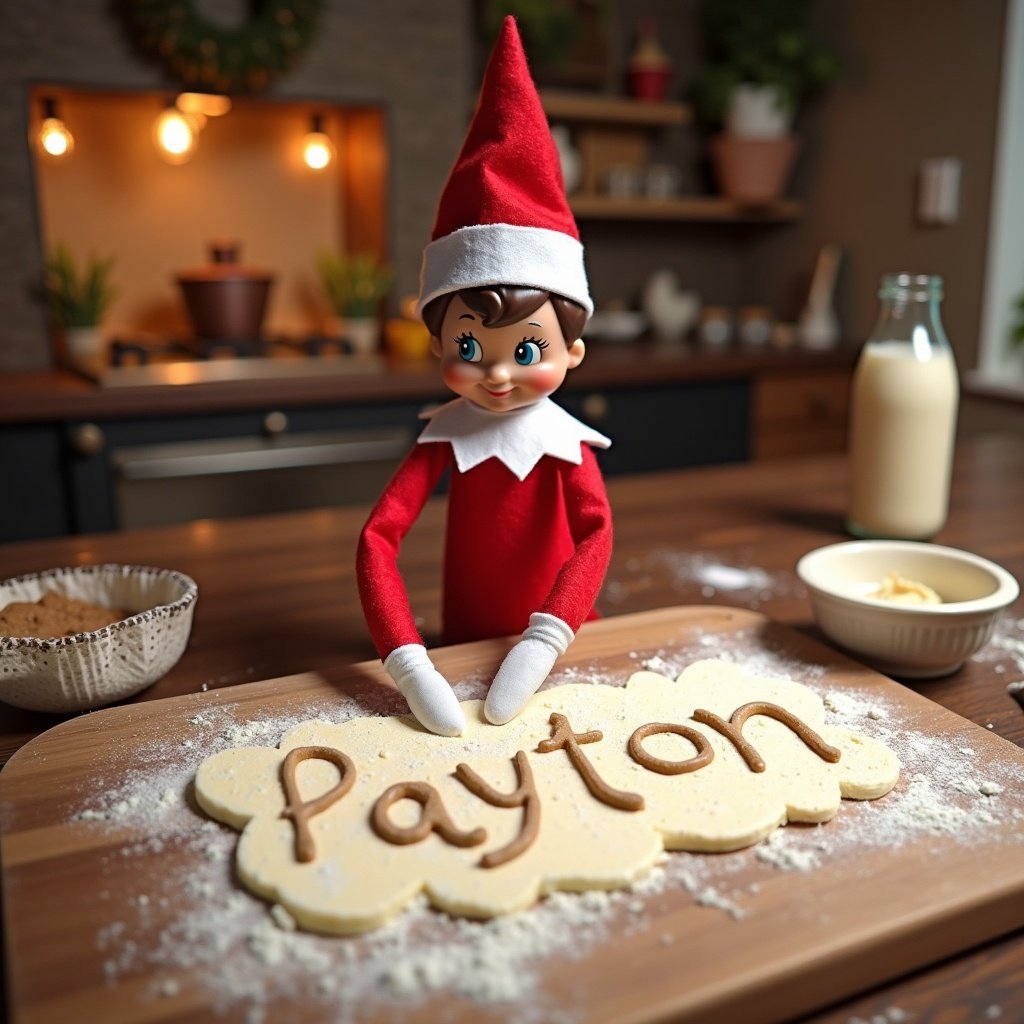 An elf on the shelf baking and writing the name Payton in flour. The setting is a cozy kitchen with baking supplies visible. The elf wears a festive red outfit and is focused on the flour.